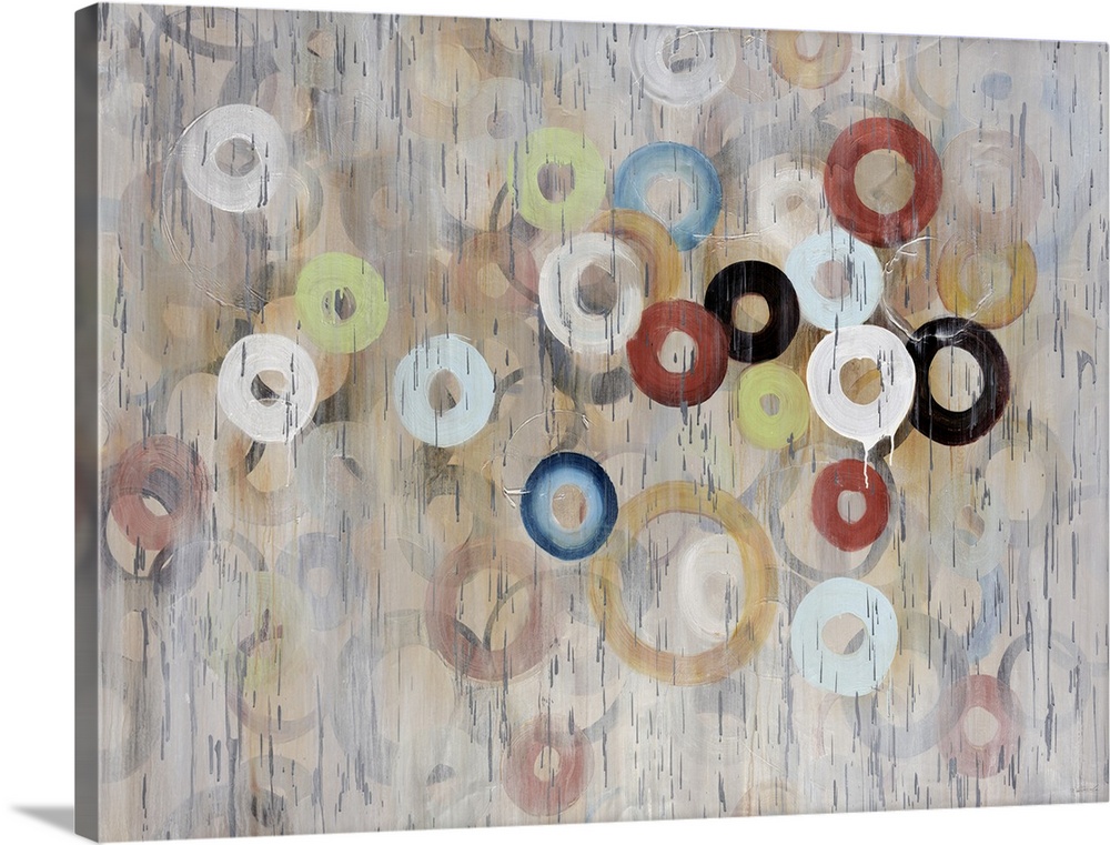 Oversized, contemporary, horizontal painting of a large cluster of circles in various sizes and colors, on a neutral backg...