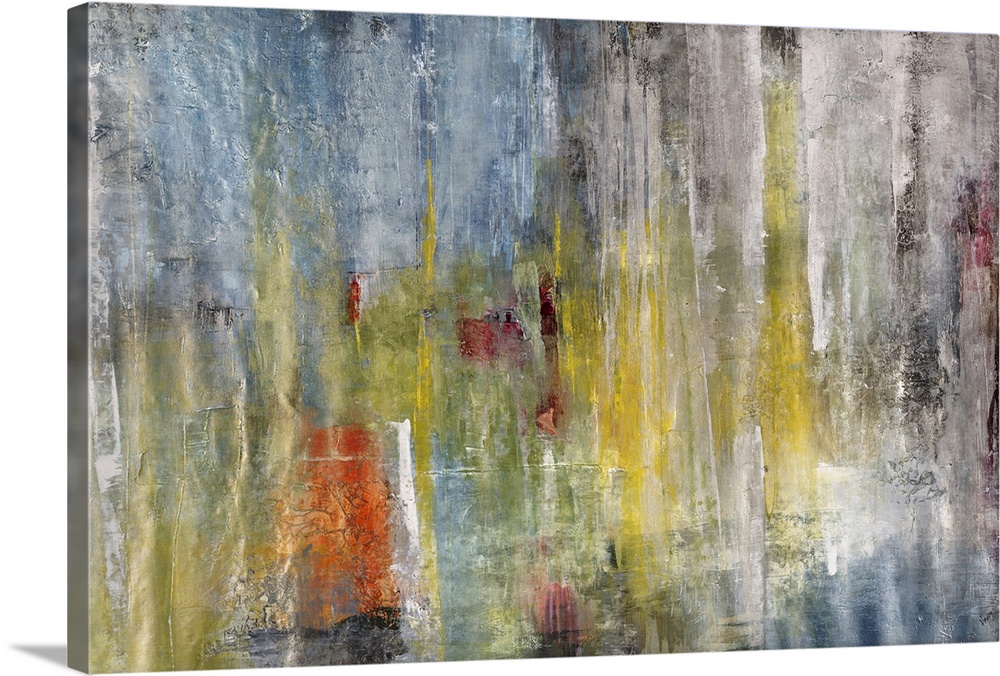 Contemporary abstract painting using pale muted tones of blue, yellow and red with faint vertical lines.