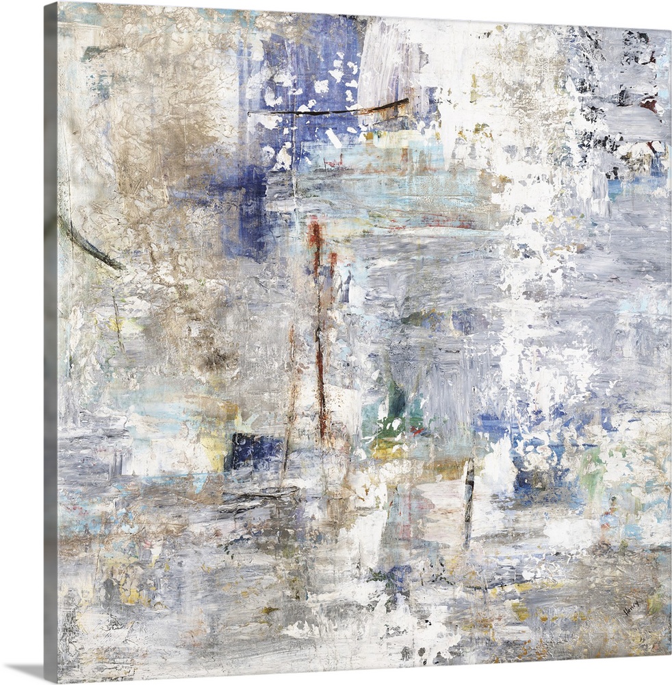 Large square abstract painting with cool tones and busy rough textures.