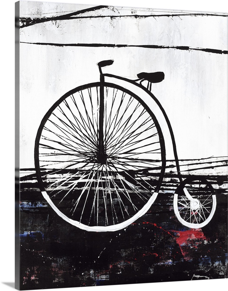Contemporary painting of a penny-farthing bicycle in black and white with small hints of red and blue on the bottom half.