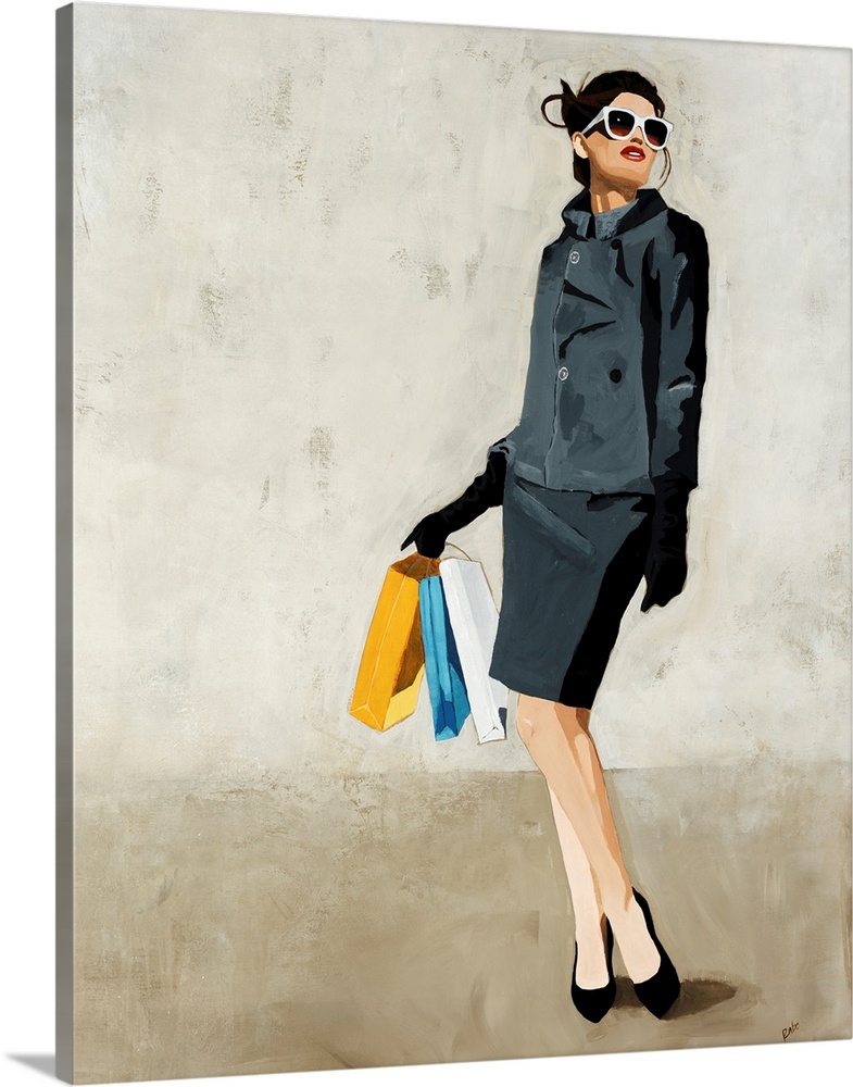 Contemporary painting of a fashionable woman in a grey skirt and jacket, looking upward through large sunglasses, as she h...