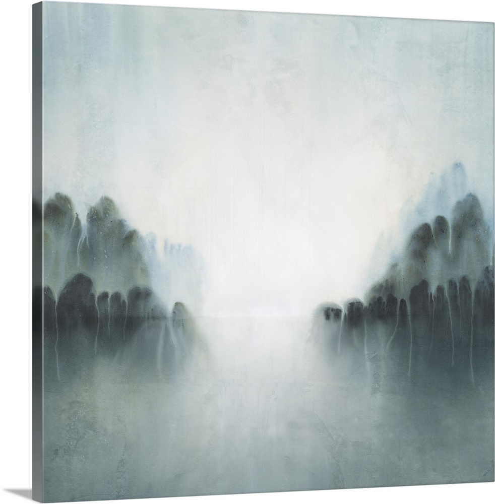 An abstract landscape of a misty spring morning along a lake lined by trees.