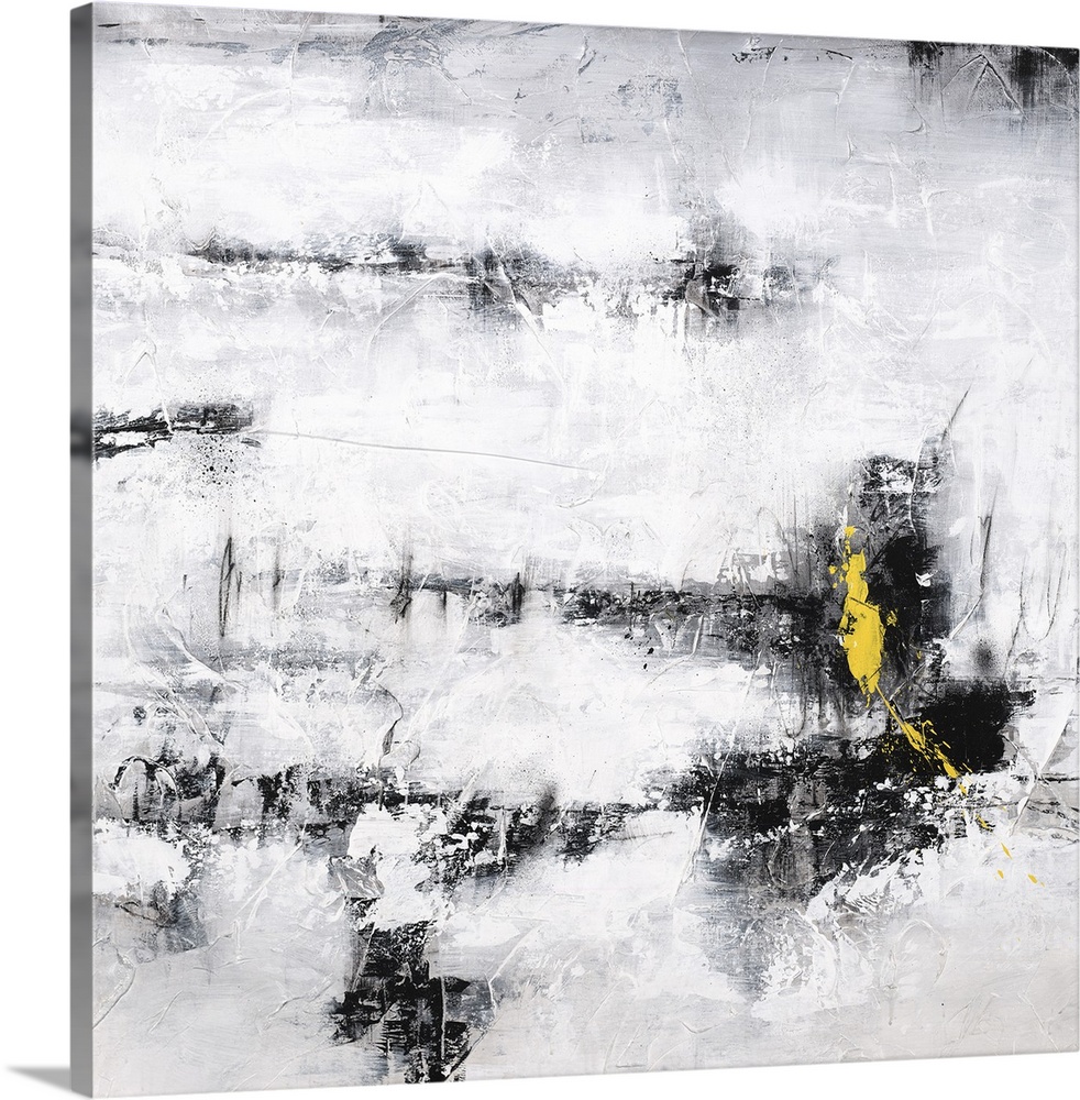 Square abstract art in black, white, and gray with a pop of bright yellow on the bottom right side.