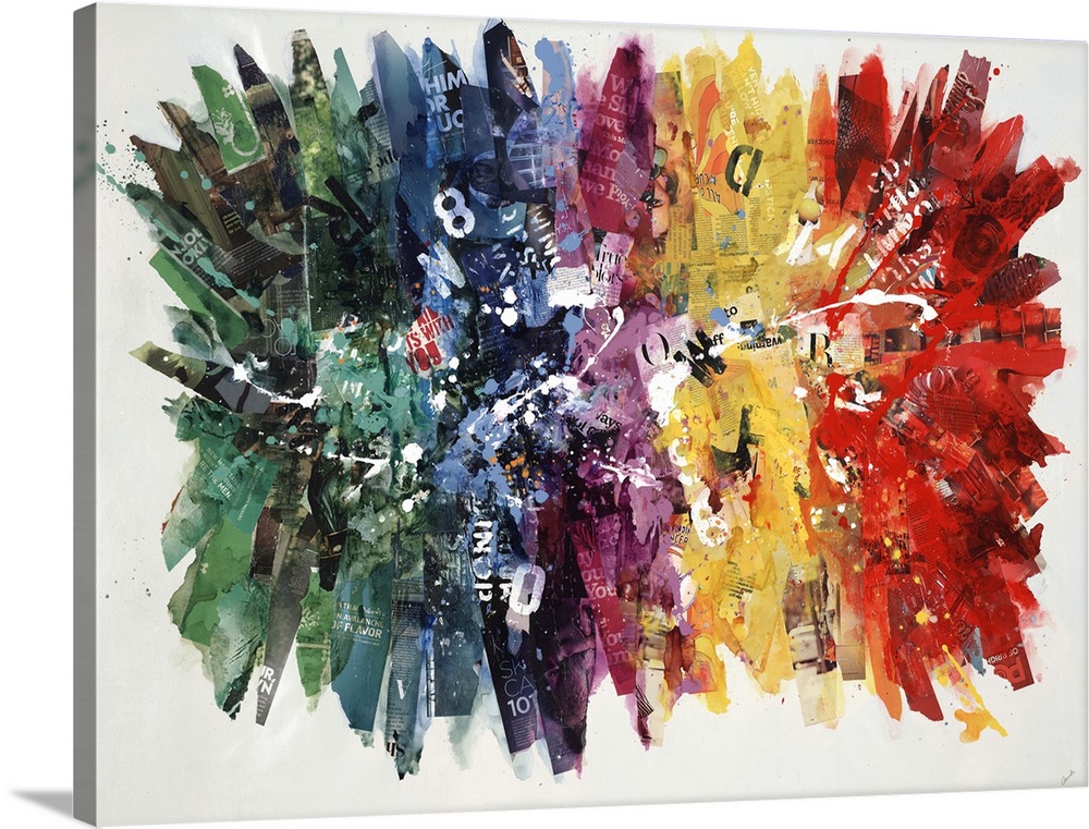 Contemporary art of several starbursts in different colors, composed of print, strips of paper, and paint, that appear to ...