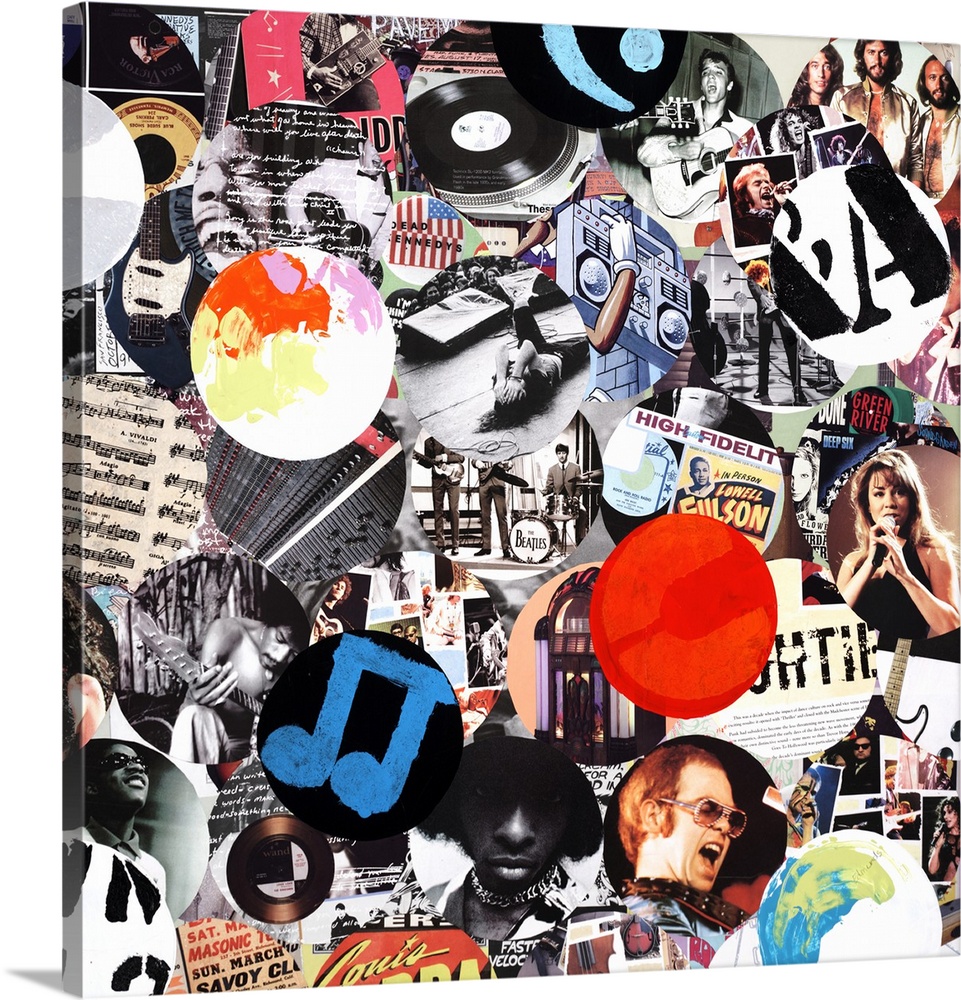A square collage of circular images of music and musicians.