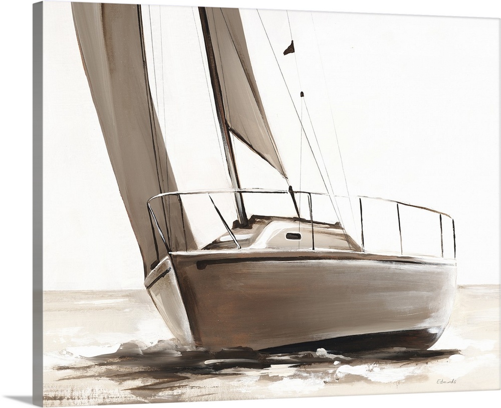 Sepia toned painting of a sailboat on the open waters.
