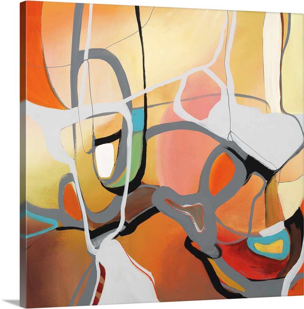 Square abstract art with bright, warm hues on the background with gray winding lines bringing depth and movement to the ca...