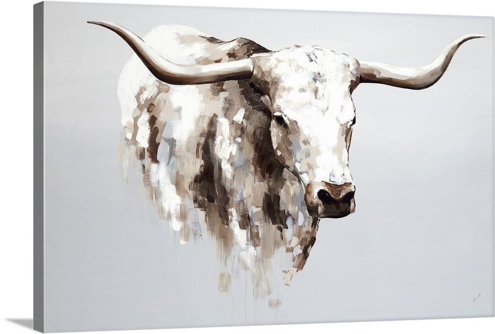 Contemporary painting of a longhorn cow in cream and brown.