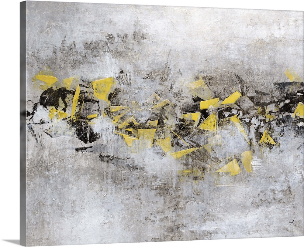 Contemporary abstract painting using neutral gray tones with a horizontal movement of color in a pale yellow green.