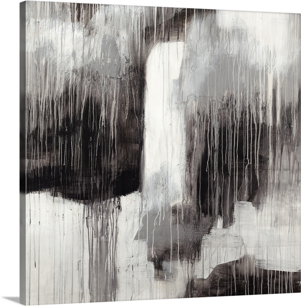 Contemporary abstract painting in contrasting black and white shades with a dripping paint effect.