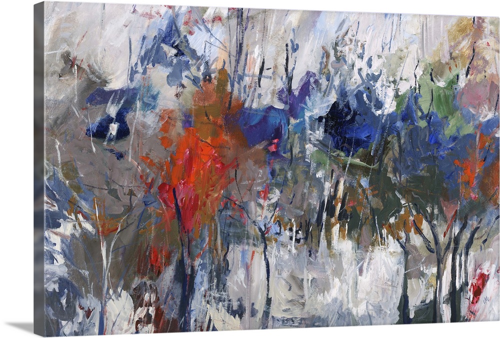Large abstract painting with colorful tree figures hidden on a busy canvas.