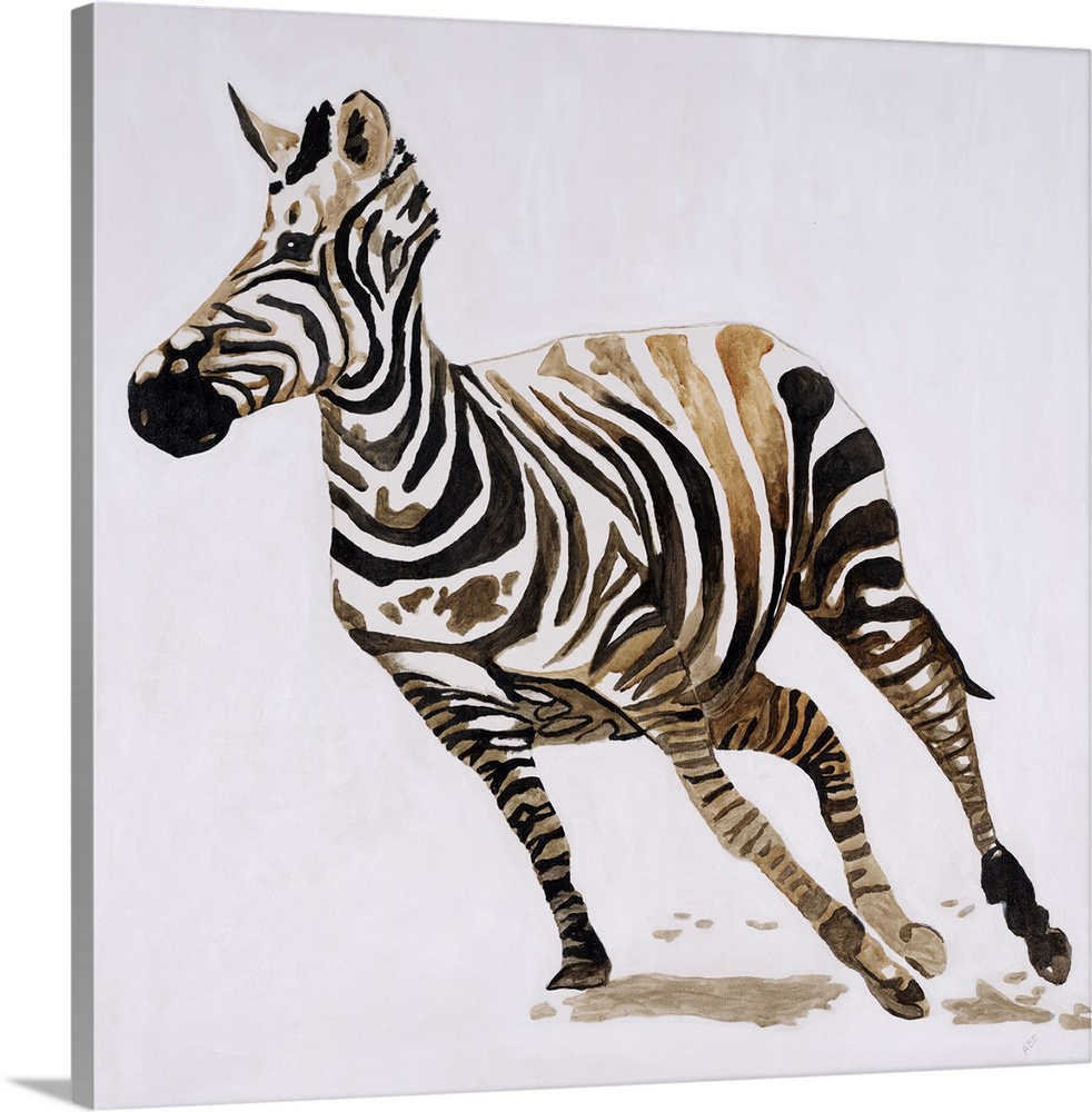 Square contemporary abstract painting of a zebra in motion made up of white, black, and brown hues.