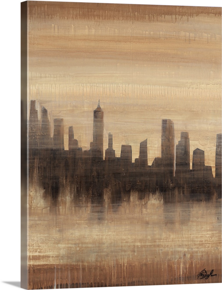 Contemporary painting of a city skyline silhouette casting a faded reflection.