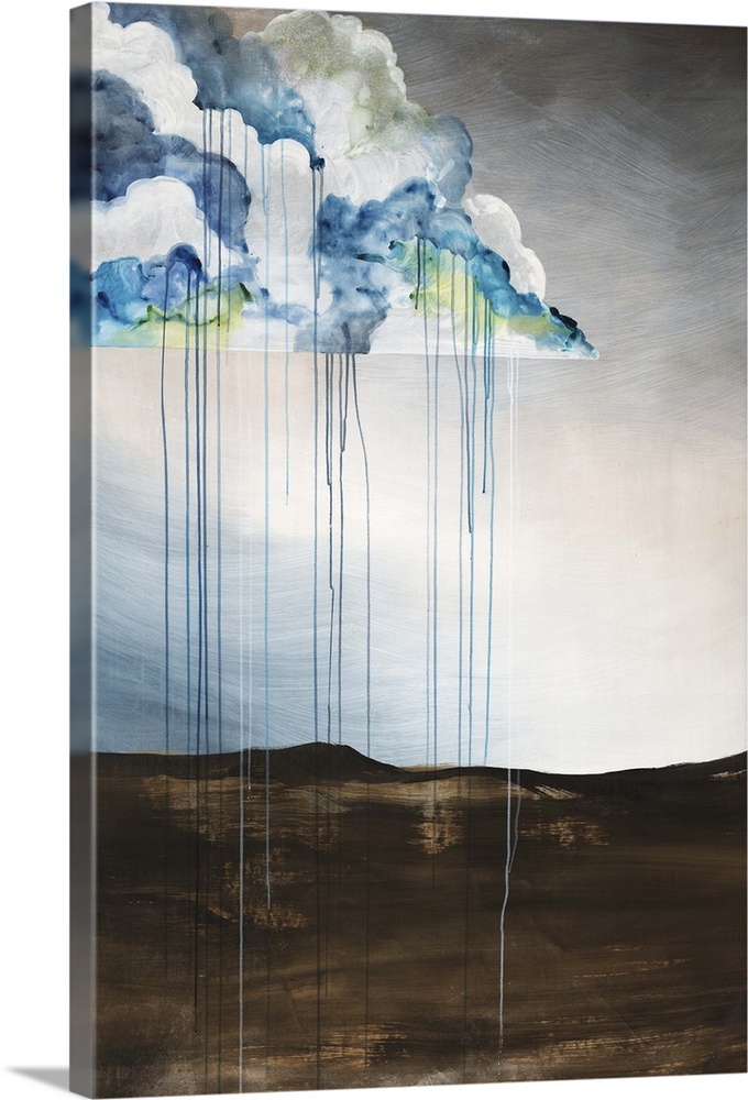 Contemporary abstract painting of a dry dark brown landscape under a blue and green cloud dripping long streams of rain.
