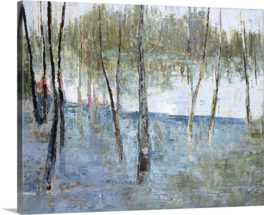 Horizontal contemporary painting of a forest of trees.