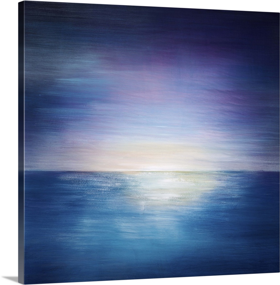 Abstract painting of a vibrant sky as the sun sets on the horizon of a body of water, painted with thin, sweeping horizont...