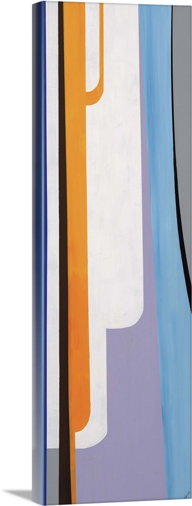 Abstract painting with a mid-century feel of bold colors in thick vertical lines.