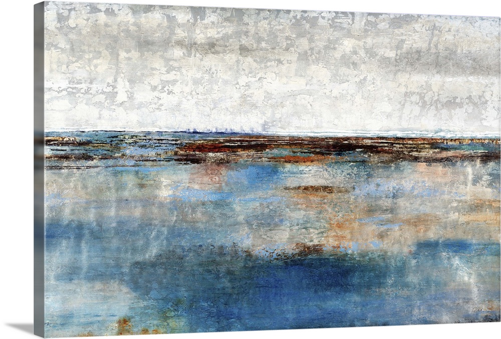 Contemporary artwork of a blue landscape under a white cloudy sky.