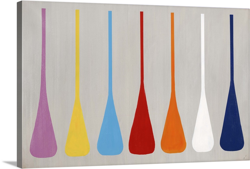 Modern art of a row of similar multicolored shapes that resemble boat paddles, on a light, neutral background.
