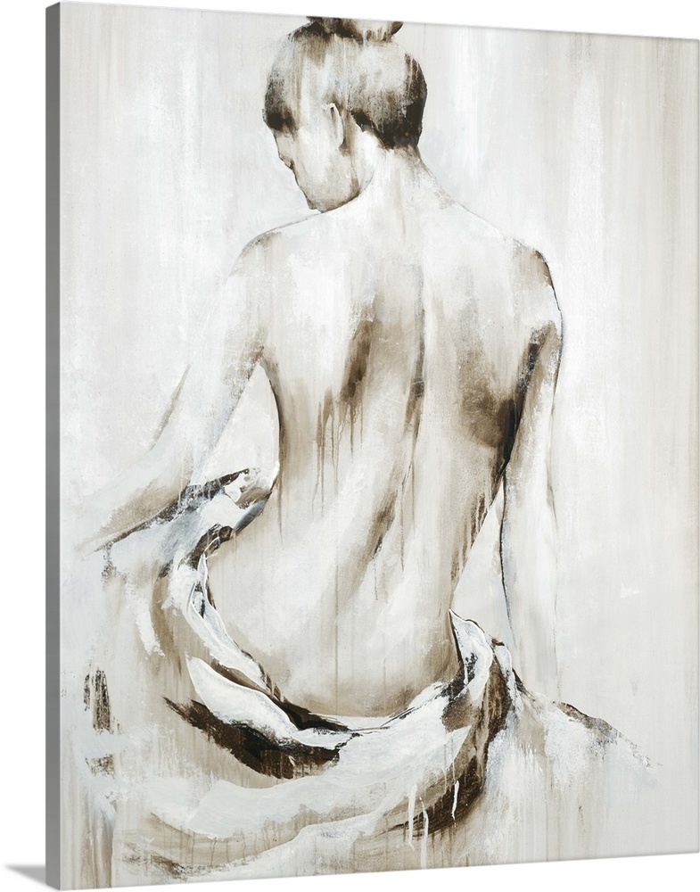 Contemporary painting of the backside of a nude woman with a cloth wrapped around her bottom part in shades of brown and w...