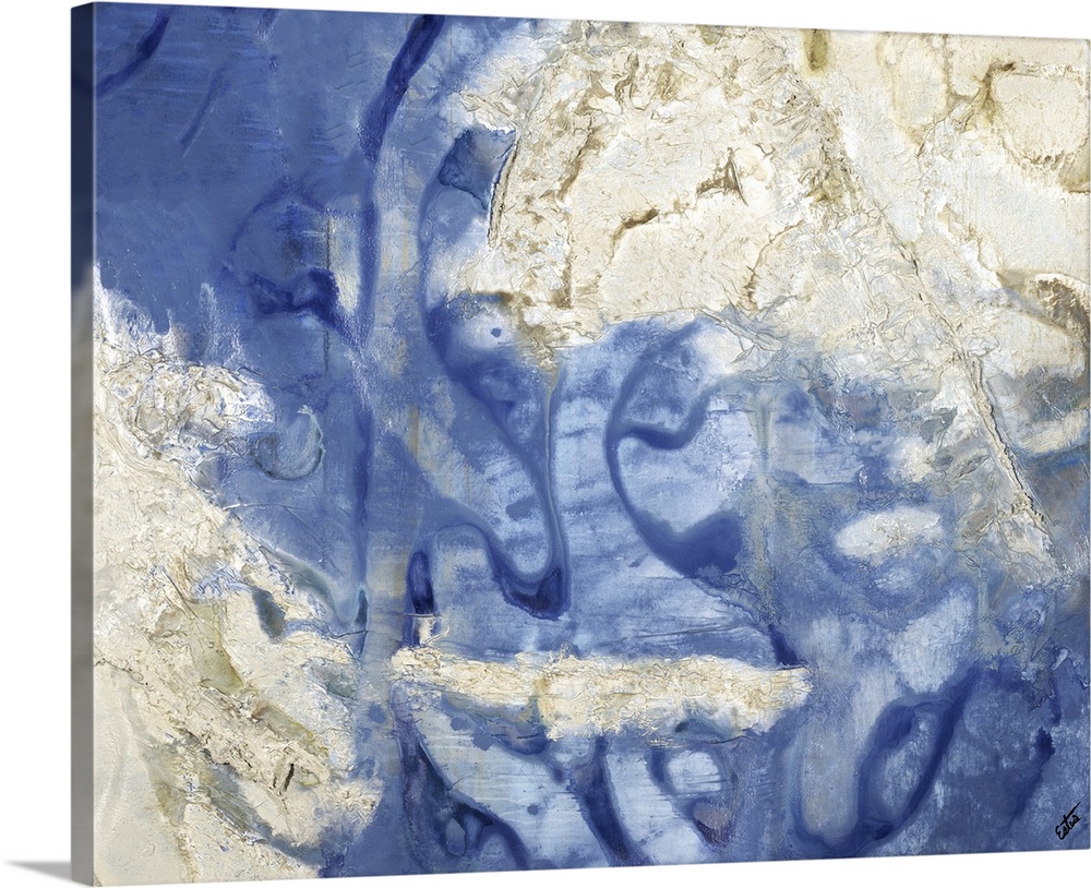 Blue, gold, and silver painting resembling an aerial view of the ocean and sandbars.