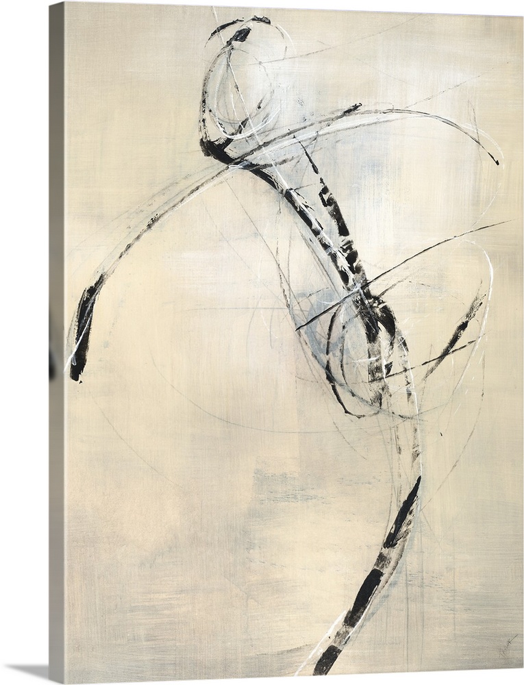Contemporary abstract painting using neutral tones and bold sketchy lines resembling a human form.