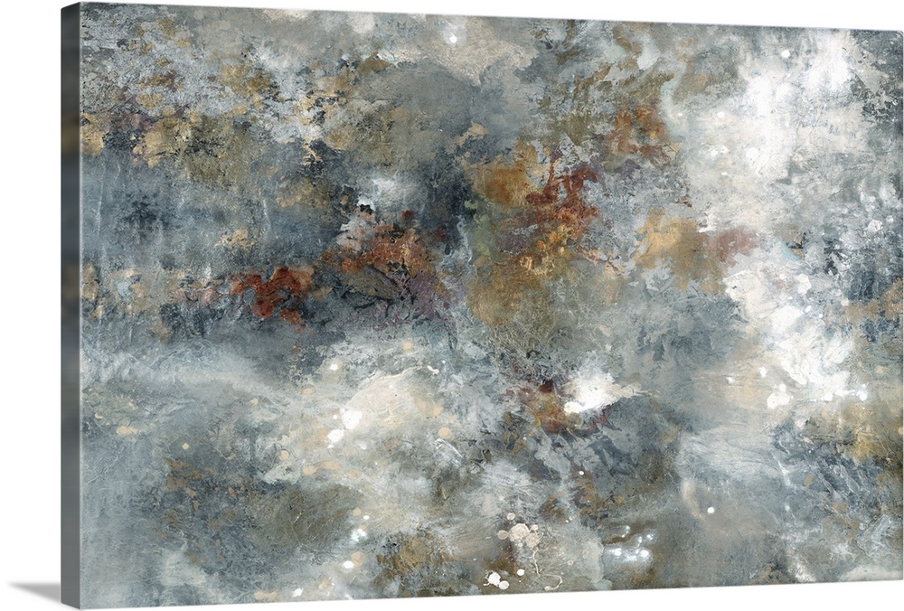Large abstract painting with blue, tan, white, gold, bronze, and silver hues.