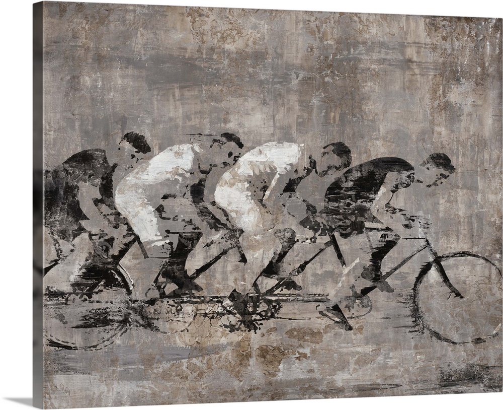 Contemporary art of four riders on a tandem bicycle, painted with patchy sponge textures and neutral tones that create a v...