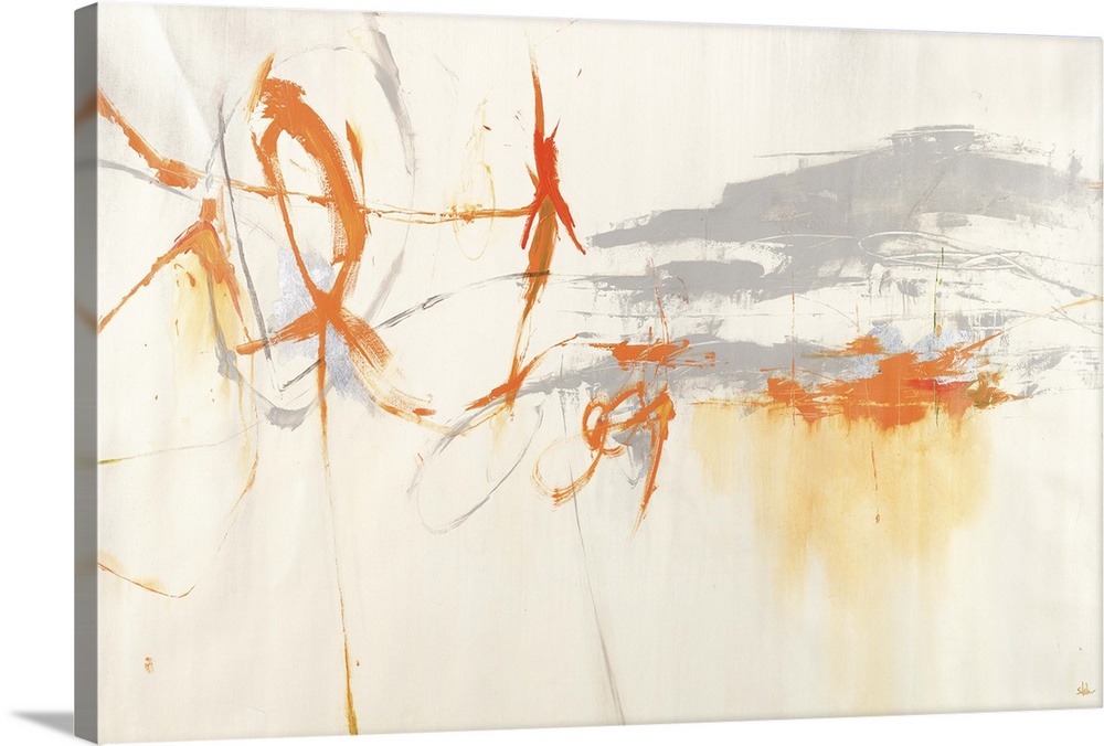 Contemporary abstract painting with orange streaks against a pale background.