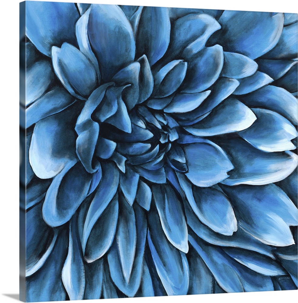 Contemporary artwork of a large blue flower with lots of petals.