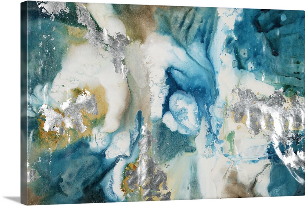 Large abstract painting with marbled colors in shades of blue, brown, silver, gold, and white.