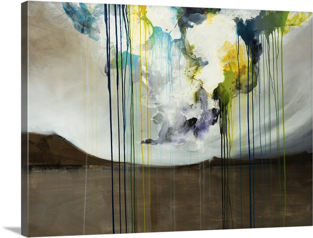 Contemporary abstract painting on canvas of a landscape with mountains and paint drips in the cloud area running downward.