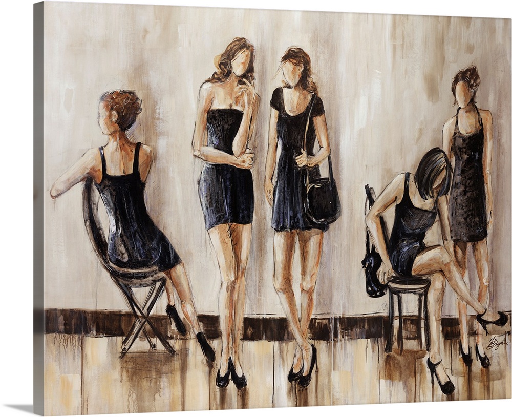 This is a contemporary painting of five women wearing little black dresses. This horizontal, figurative art work makes use...