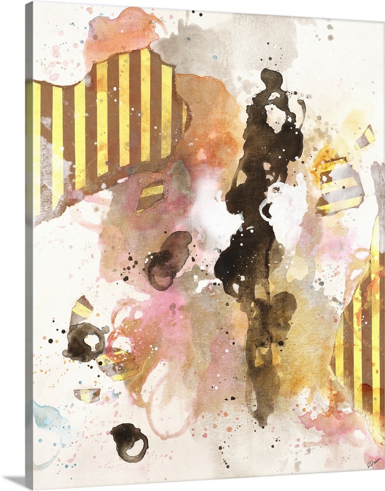 Contemporary abstract art with black and pink splatters and striped collage elements.