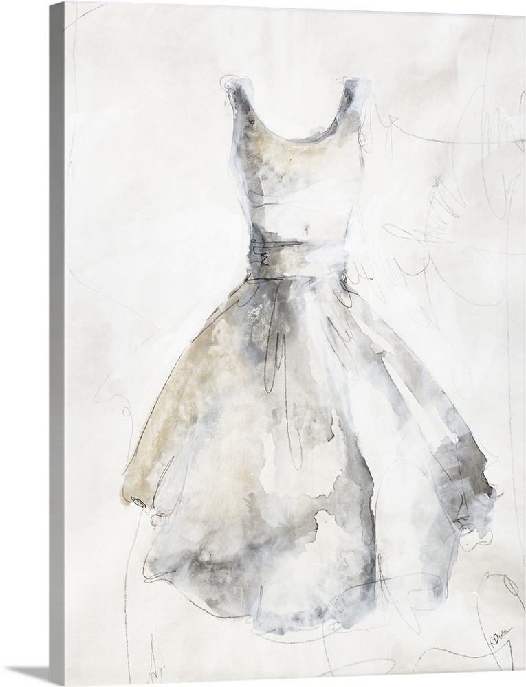 Contemporary watercolor painting of a dress with faint details.
