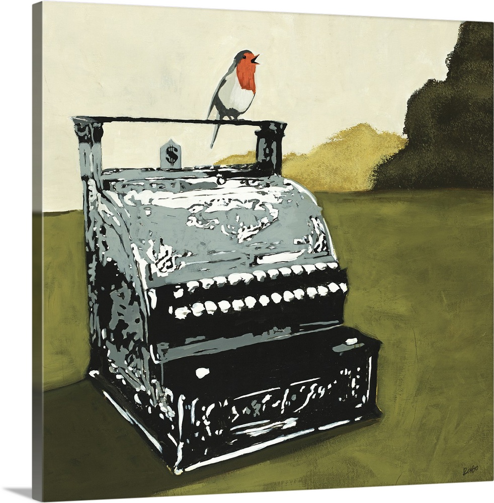 Contemporary painting of a red and white bird perched on top of a vintage cash register that sits in an open, green field....