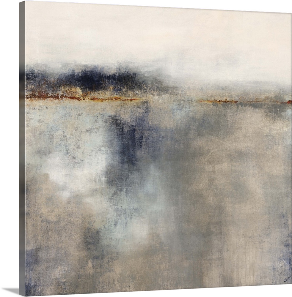 Contemporary abstract painting in muted grey and brown tones, resembling a horizon.