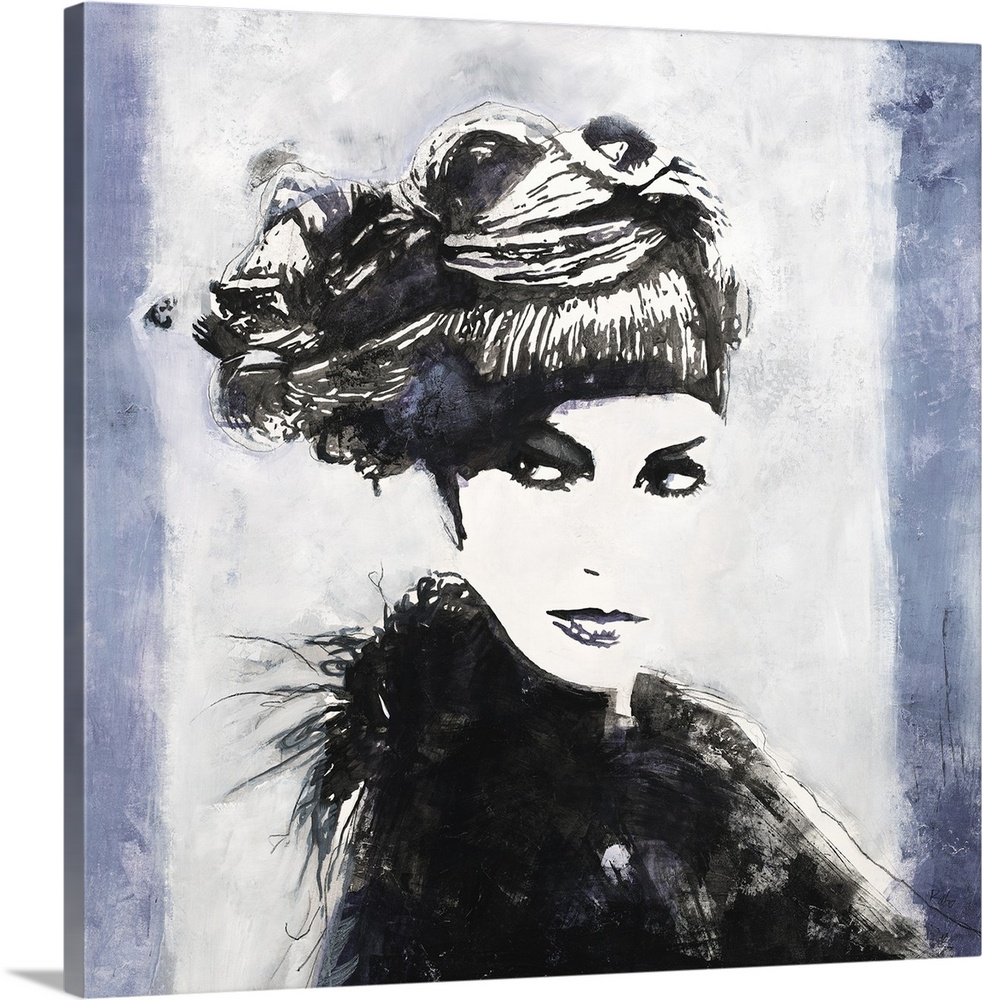 Square art with a black and white illustrated woman wearing a fancy hat on a white and indigo striped background.