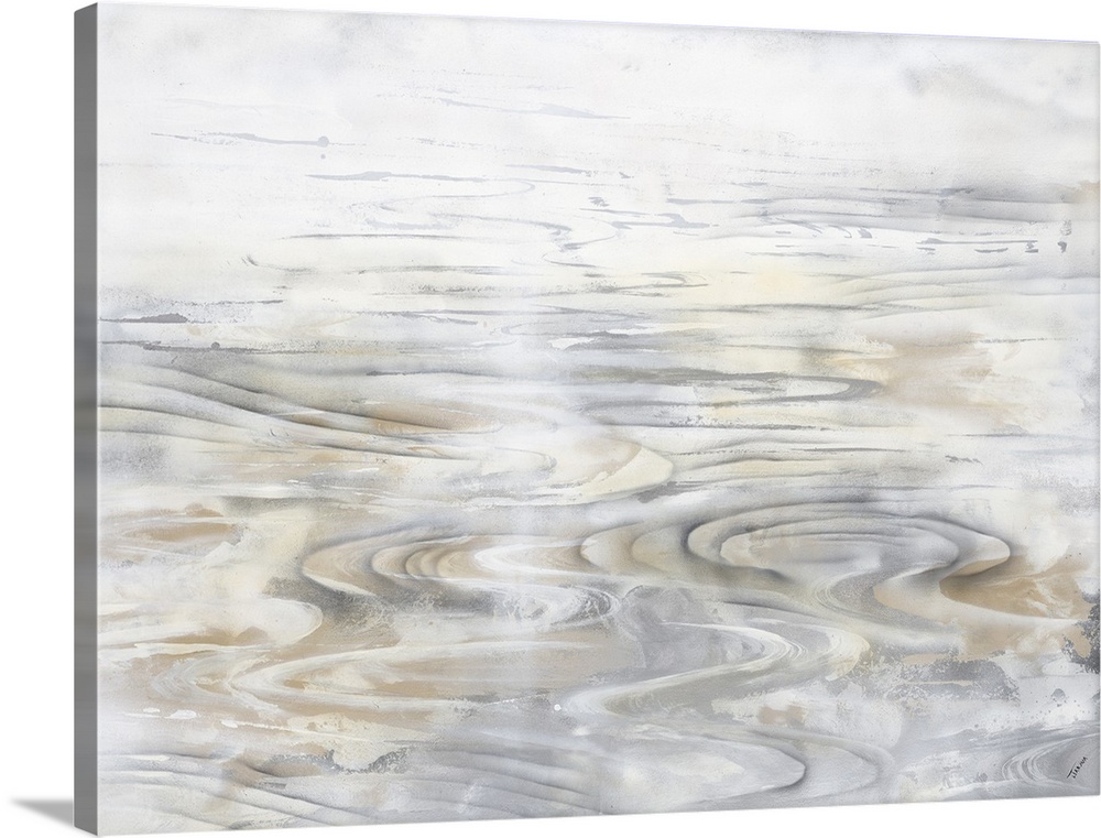 Contemporary artwork of faint ripples in a body of water in tones of gray and brown.