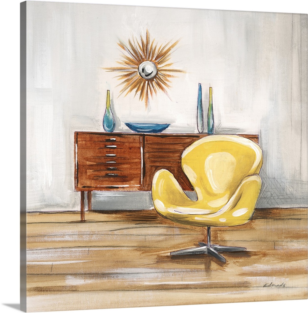 Contemporary artwork of a stylish chair in a home with mid century decor.
