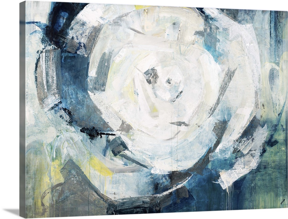 Contemporary abstract painting in shades of blue and gold, swirling around a white center.