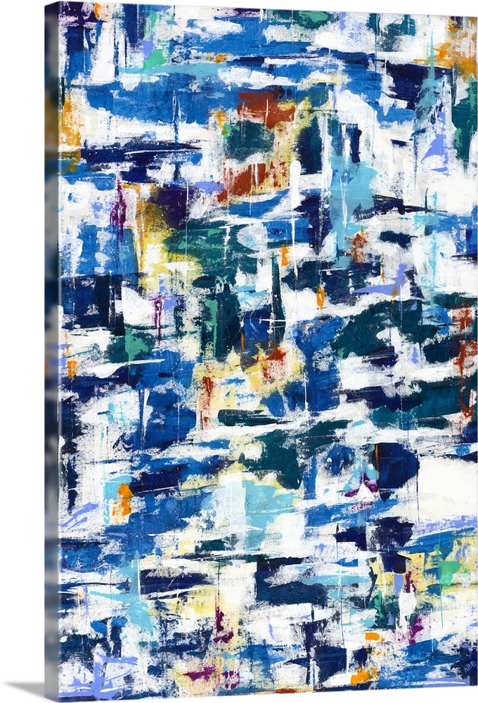 Large abstract artwork with busy brushstrokes in shades of blue, yellow, orange, green, and red.