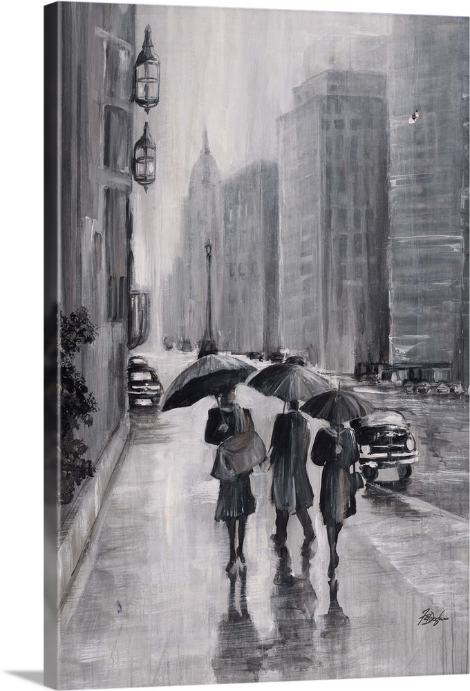 Contemporary painting of people along a city sidewalk under umbrellas in a rainy city.