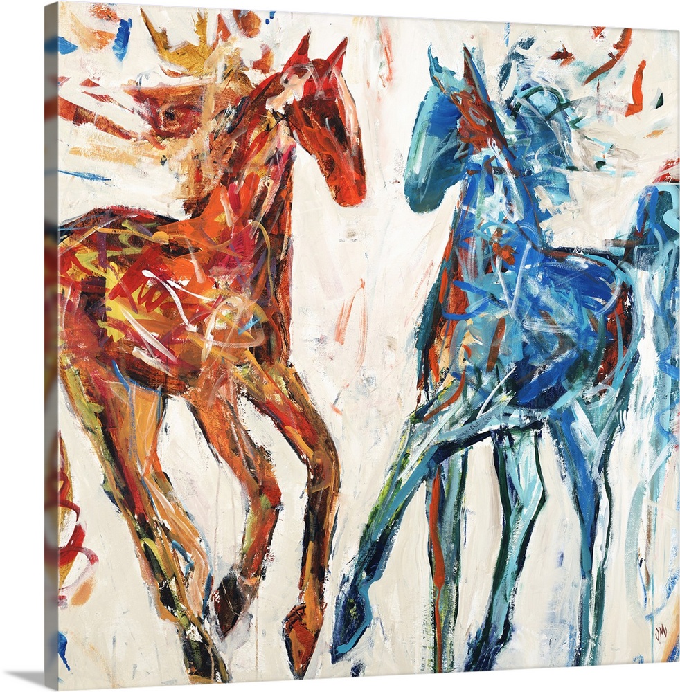 Contemporary painting of a red and a blue horse.