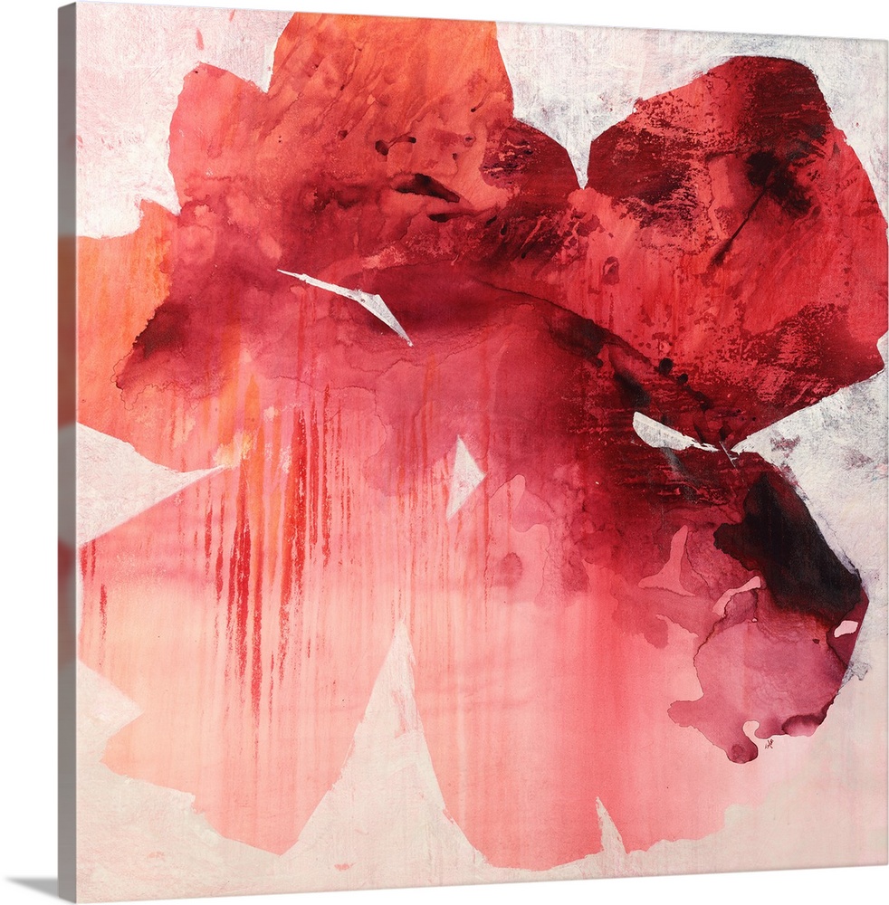 Square abstract painting of a large tropical flower in shades of red.