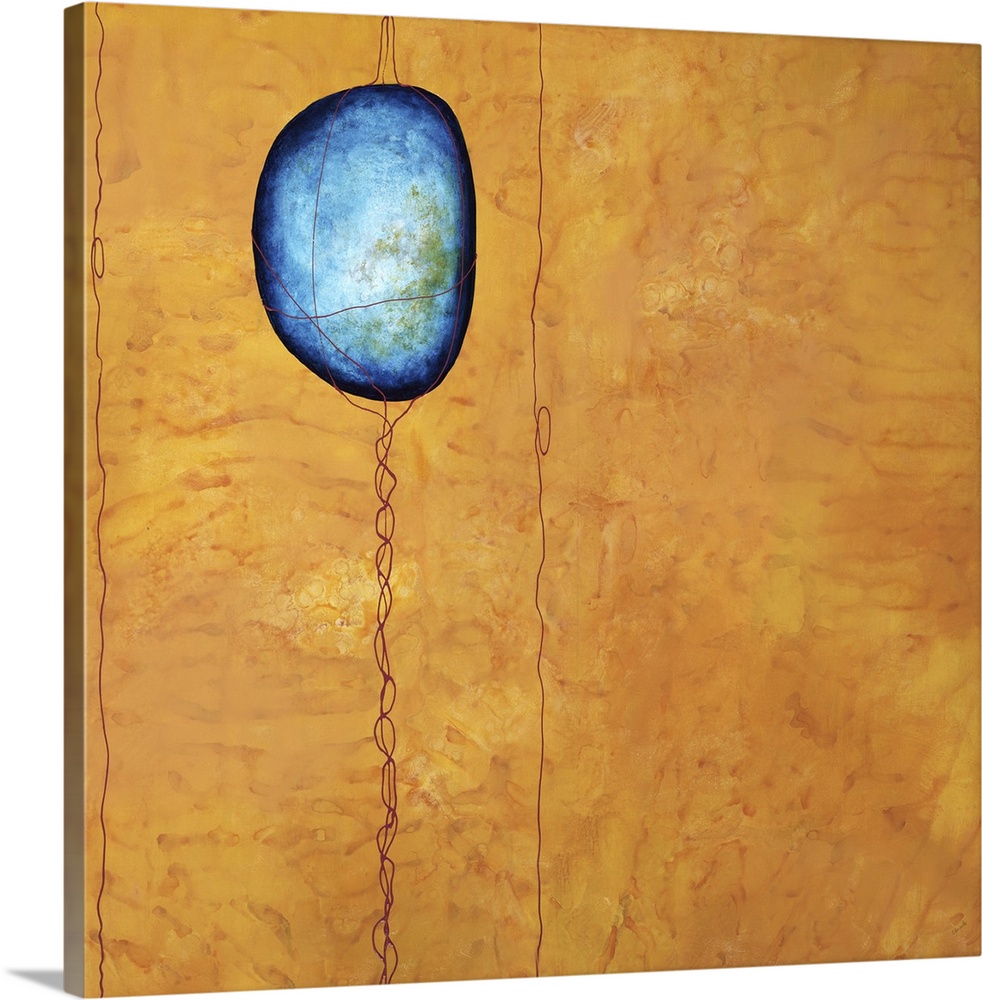 Square abstract art with a blue colored stone wrapped in thin lines that run from the top to the bottom of the canvas on a...