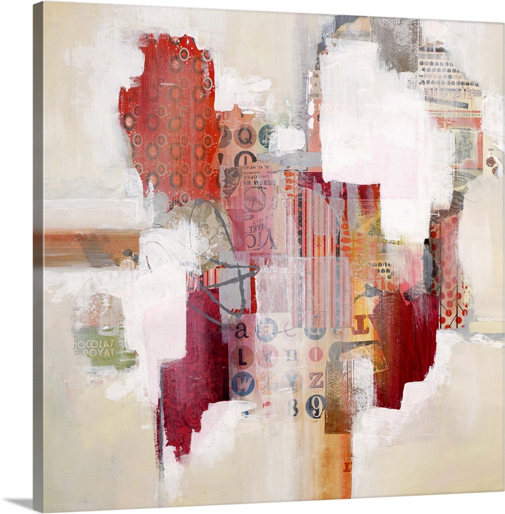 Colorful abstract artwork with bright white spaces among red mixed media blocks.