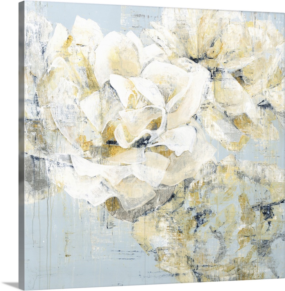 Square painting of white roses with gold and silver highlights with an antique feel on a pale blue background.