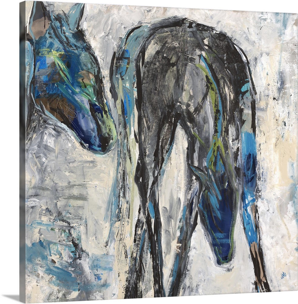 Contemporary painting of two horses in shades of blue and black.