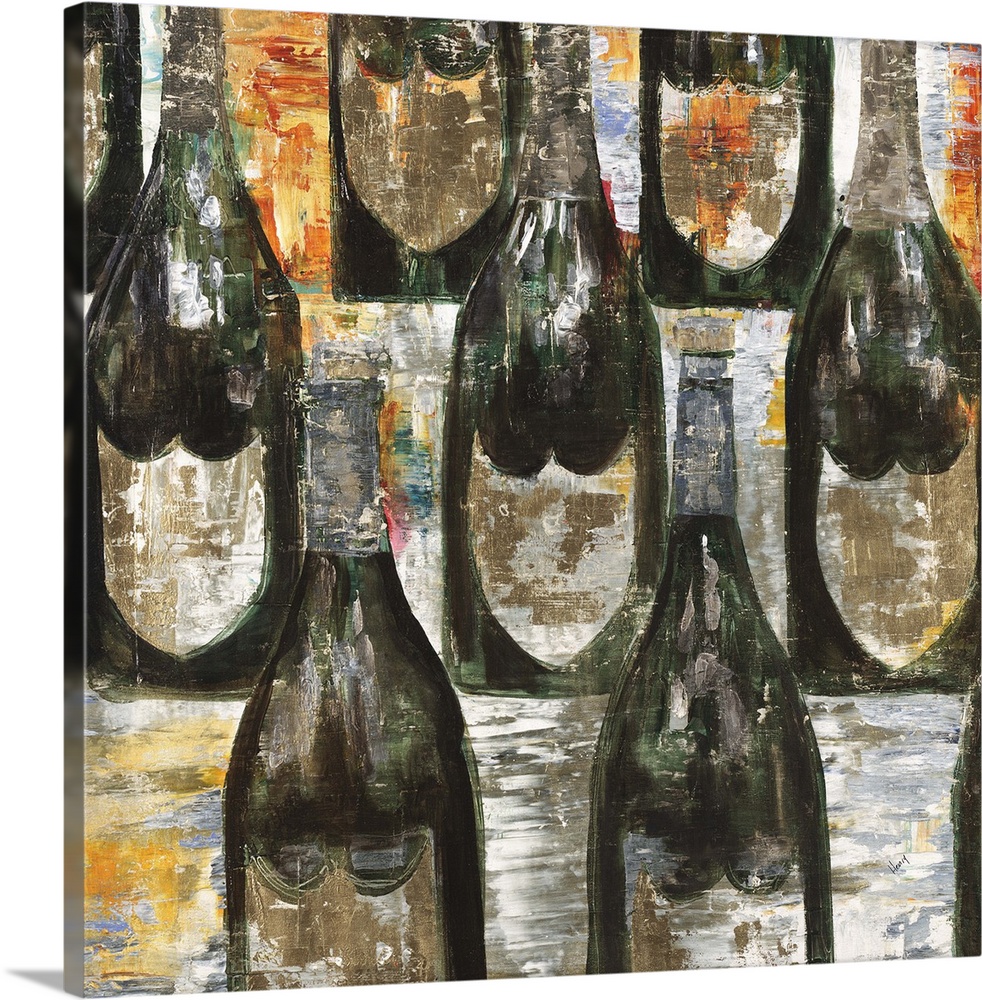 Contemporary painting of champagne bottles lined up in rows.